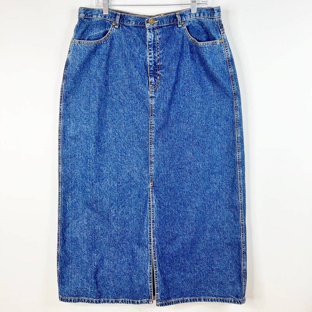 Vintage Eddie Bauer Denim Midi Skirt Plus Size 18 Front Slit Pockets Long Line